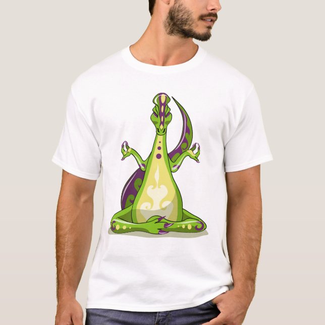 Camiseta Um Dinossauro Iguanodon Fazendo Yoga. (Frente)