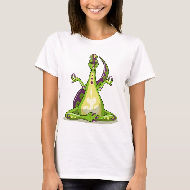 Camiseta Um Dinossauro Iguanodon Fazendo Yoga. (Frente)