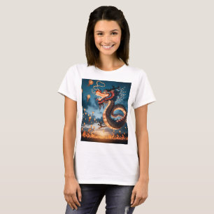 Camiseta um dragão com lanternas ao fundo e um