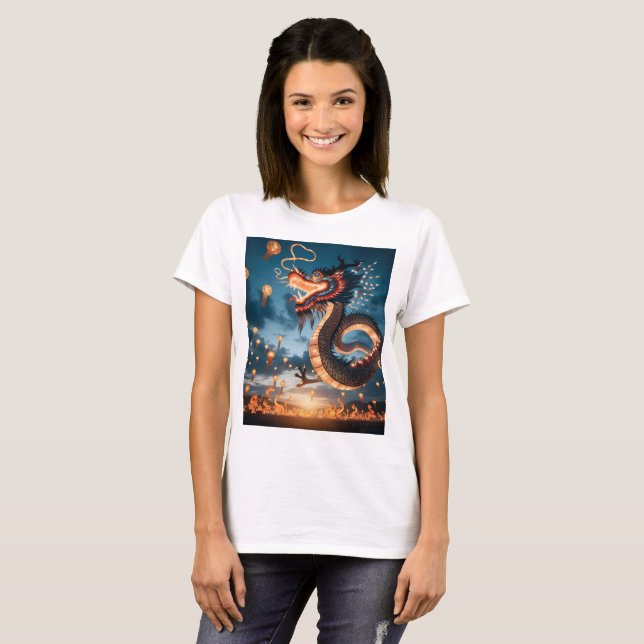 Camiseta um dragão com lanternas ao fundo e um (Frente Completa)