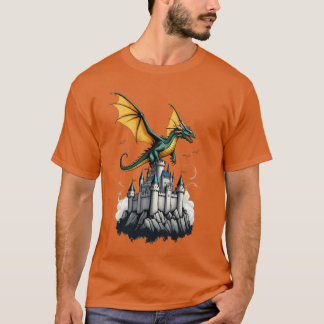 Camiseta um dragão voando sobre um castelo T-Shirt