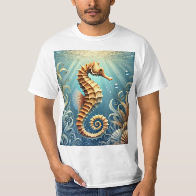 Camiseta Um elegante cavalo marinho nadando debaixo d'água (Frente)