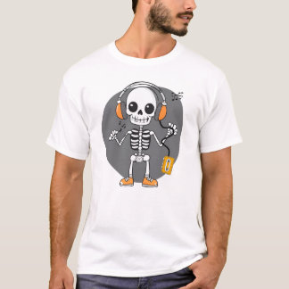 Camiseta Um esqueleto cômico ouvindo música retro