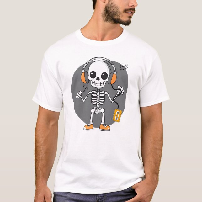 Camiseta Um esqueleto cômico ouvindo música retro (Frente)