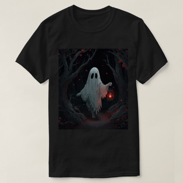 Camiseta Um fantasma branco segurando uma lanterna vermelha (Frente do Design)