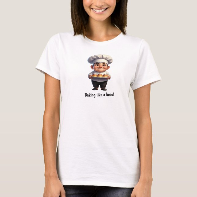 Camiseta Um Feliz Chef de Pastelaria Posicionando a Câmera (Frente)
