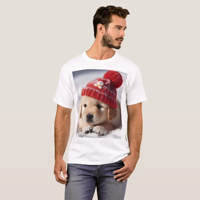 Camiseta um filhote vestindo um chapéu vermelho com um bone (Frente Completa)