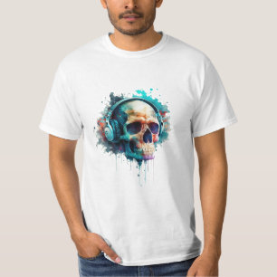 Camiseta Um fones de ouvido que veste o crânio desfruta da