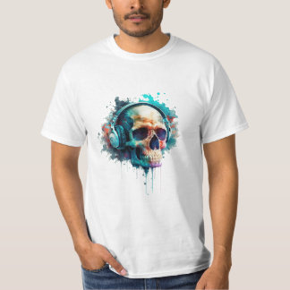 Camiseta Um fones de ouvido que veste o crânio desfruta da 