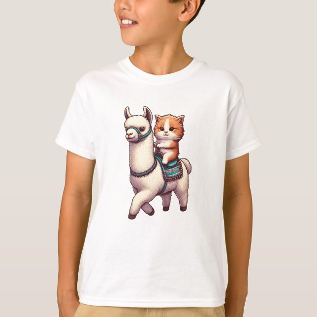 Camiseta Um gatinho Fofinho a andar Fluffy Llama, Cat e Lla (Frente)