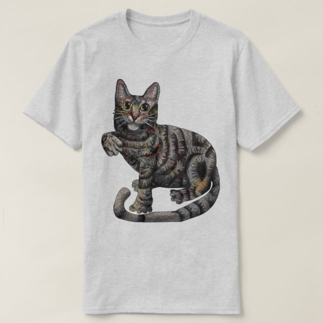 Camiseta Um Gato De Cinza, Com "Eu Amo Gatos!" (Frente do Design)