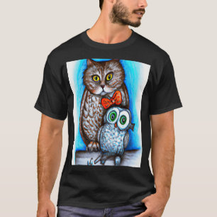 Camiseta Um Gato E Uma Coruja Arte Mista
