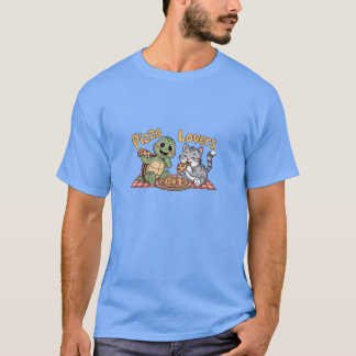 Camiseta Um gato e uma tartaruga gostam de comer pizza