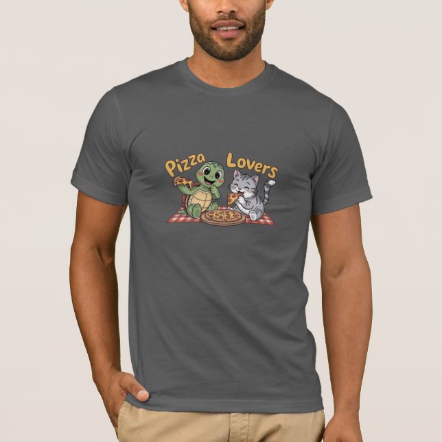 Camiseta Um gato e uma tartaruga gostam de comer pizza (Frente)