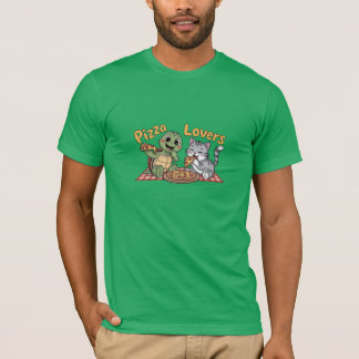 Camiseta Um gato e uma tartaruga gostam de comer pizza