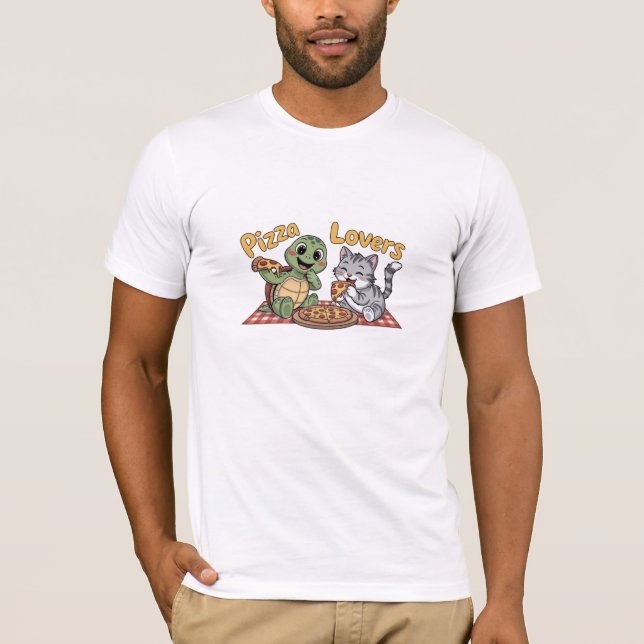 Camiseta Um gato e uma tartaruga gostam de comer pizza (Frente)