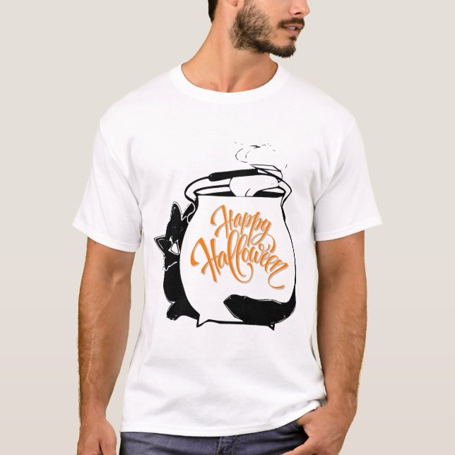 Camiseta Um gato engraçado atrás de Caldeirão, Feliz Dia da (Frente)