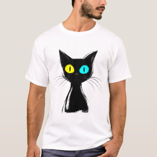 Camiseta Um gato preto assustador com azul esquerdo e amare