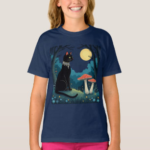 Camiseta Um Gato Preto Familiar e Cogumelos Halloween 1
