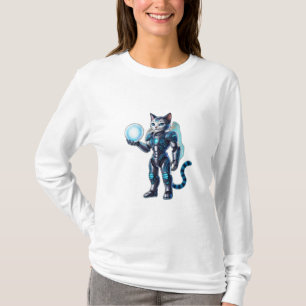 Camiseta Um gato robô com armadura futurista.