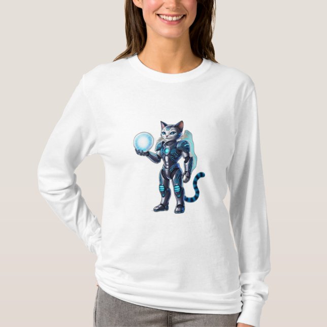 Camiseta Um gato robô com armadura futurista. (Frente)
