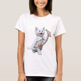 Camiseta Um gato segurando peixe em sua mão 🖐 e rindo