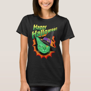 Camiseta Um Gato Vento Verde Diz Feliz Halloween