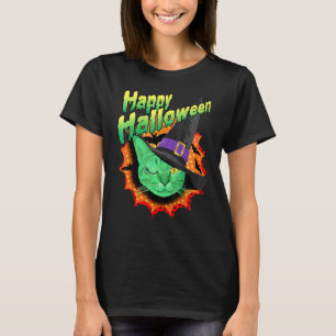 Camiseta Um Gato Verde Piscando Diz Feliz Halloween Hallowe