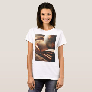 Camiseta um globo fica no topo de um livro