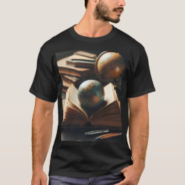 Camiseta um globo se senta sobre uma pilha de livros com lá