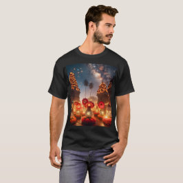 Camiseta um grande prédio com uma flor que diz estrela em
