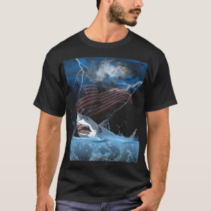 Camiseta um grande tubarão saltando da água durante uma rua