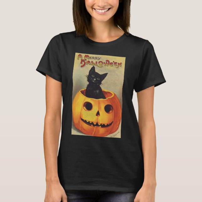 Camiseta Um Halloween de Feliz por Ellen Clapsaddle, Gato d (Frente)