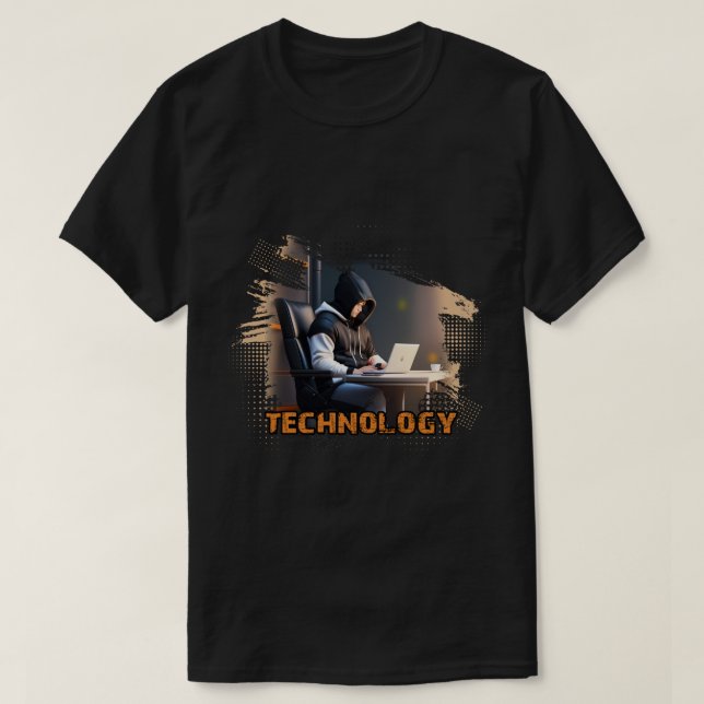 Camiseta Um homem de capuz sentado em uma mesa com um lapto (Frente do Design)