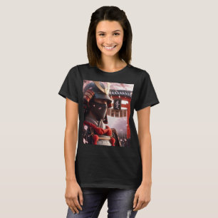 Camiseta um homem em um samurai fica em frente a um torii v