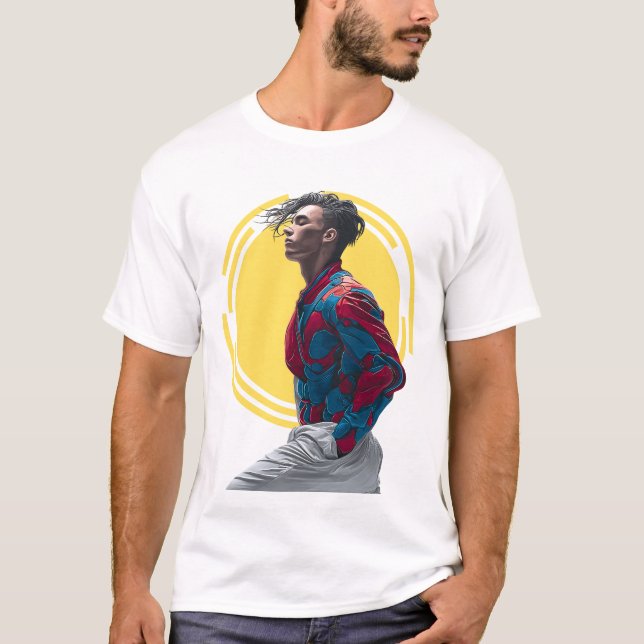 Camiseta Um Homem Moderno em Aplicativo Vibrante, Abstrato (Frente)