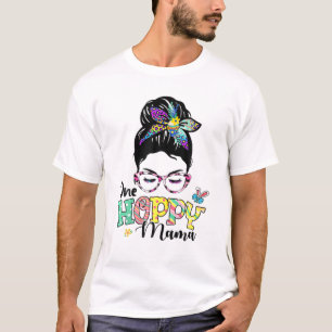 Camiseta Um Hoppy Mama Bunny Páscoa Day Messy Bun Leopard