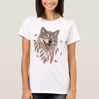 Camiseta Um lobo sorridente feliz em penas