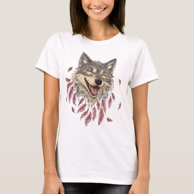 Camiseta Um lobo sorridente feliz em penas (Frente)