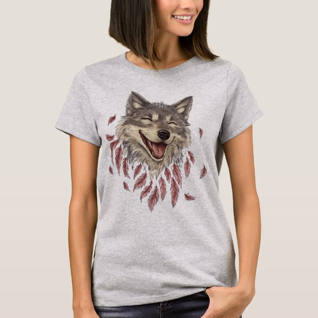 Camiseta Um lobo sorridente feliz em penas (Frente)