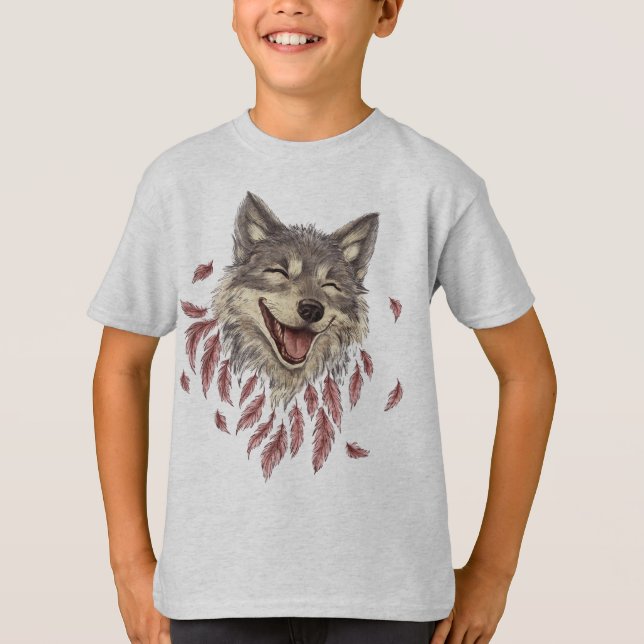 Camiseta Um lobo sorridente feliz em penas (Frente)