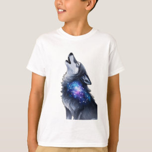 Camiseta Um lobo uivando numa galáxia estrelada