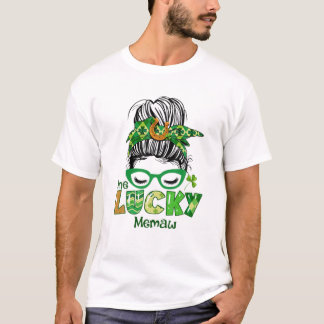 Camiseta Um Lucky Memaw Messy Bun Leopard Dia de São Patríc