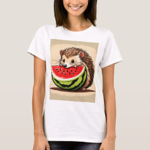 Camiseta um ouriço bonito e feliz tirando uma mordida de um