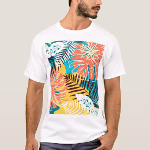 Camiseta Um padrão colorido de folhas da selva tropical.