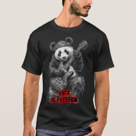 Camiseta Um Panda diz: Rock é Liberdade em um Preto 
