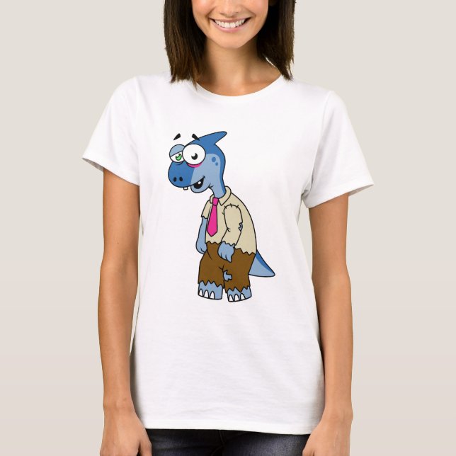 Camiseta Um Parasaurolofo De Cartoon Vestiu Como Zombie. (Frente)