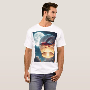 Camiseta um peixe num balão de ar quente com uma lua na