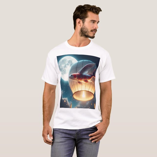 Camiseta um peixe num balão de ar quente com uma lua na (Frente Completa)