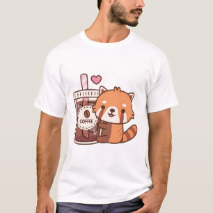 Camiseta Um Pequeno Panda Vermelho Bonito Abraçando Café Fo